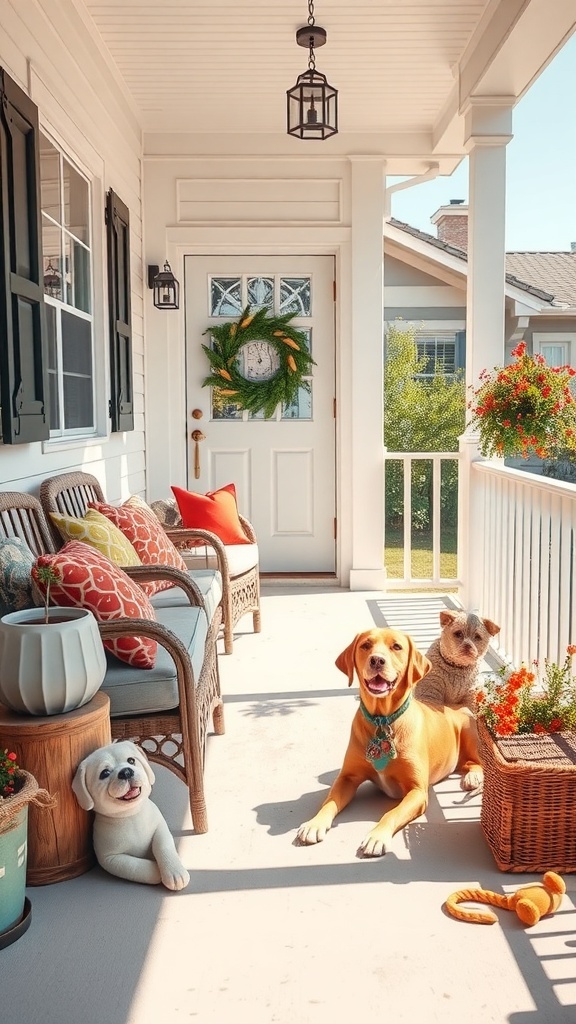 A cozy pet-friendly porch with dogs lounging on the floor, colorful cushions, and potted plants.
