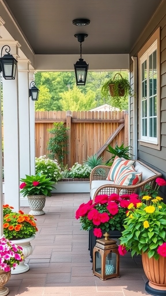 A cozy porch seating area with colorful flowers and comfortable furniture.