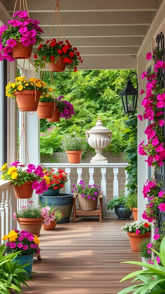 A porch decorated with colorful hanging flower pots and potted plants, creating a vibrant garden-inspired look.