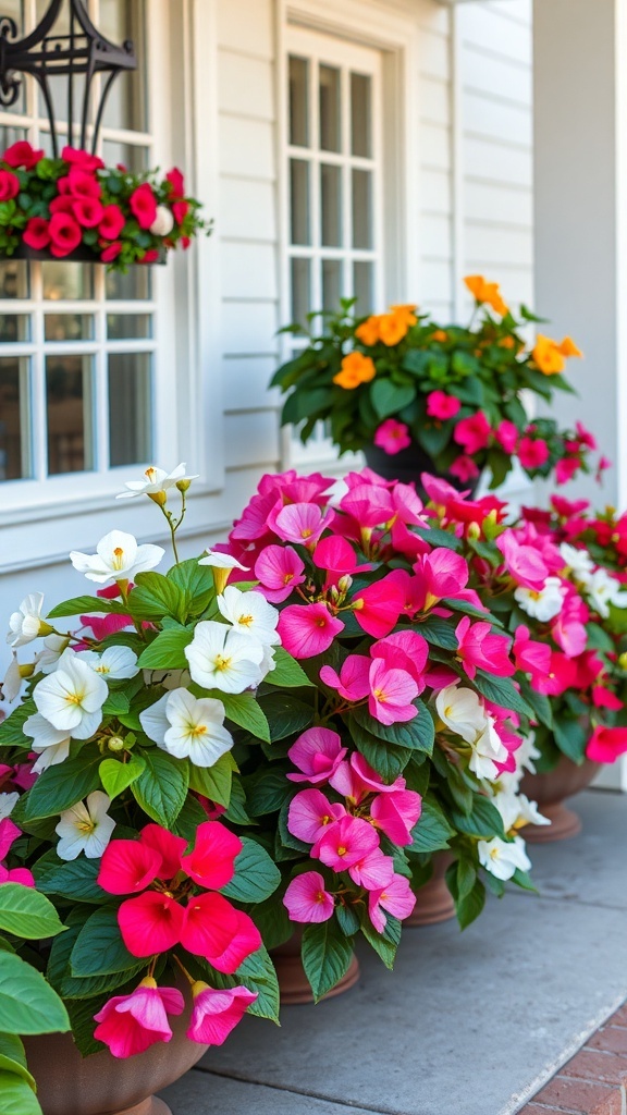 Colorful begonias in pink, white, and orange pots on a porch