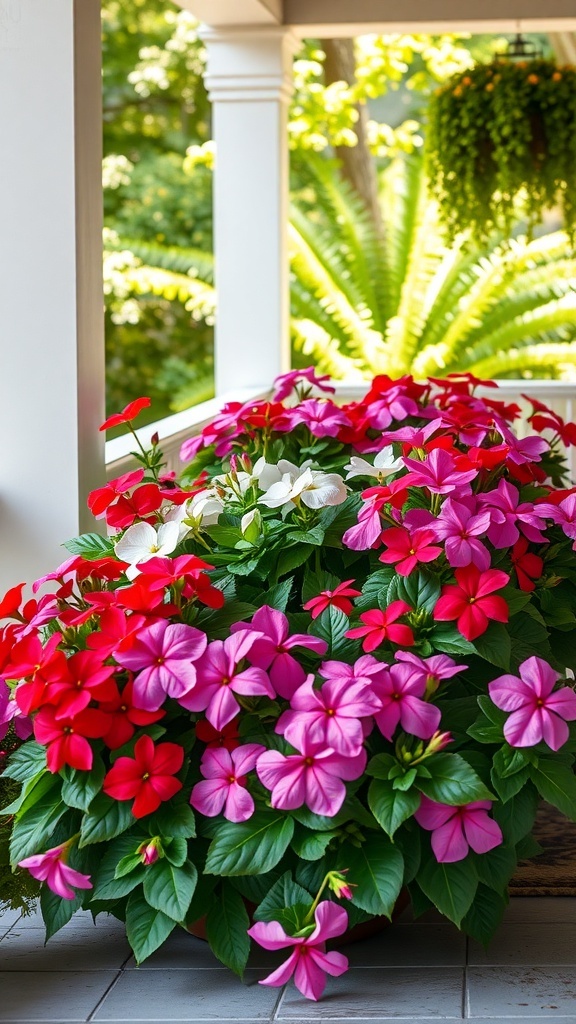 A vibrant display of pink, red, and white Impatiens flowers on a porch, surrounded by lush greenery.