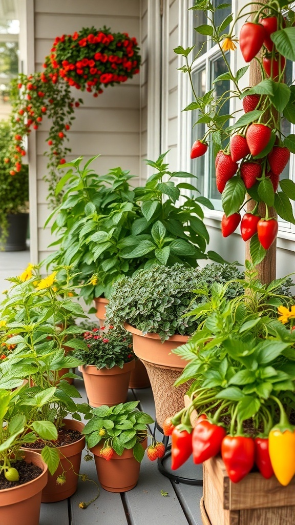 A vibrant porch garden featuring potted strawberries and peppers, showcasing a variety of edible plants.