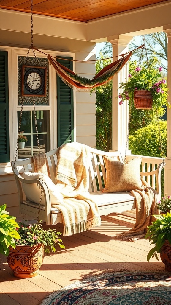 27+ Cozy Porch Swing Ideas to Enhance Your Outdoor Space Cozy porch swing with pillows and a blanket, surrounded by plants and a clock.