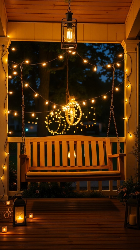 27+ Cozy Porch Swing Ideas to Enhance Your Outdoor Space A beautifully lit porch swing with string lights and lanterns, creating a cozy atmosphere.