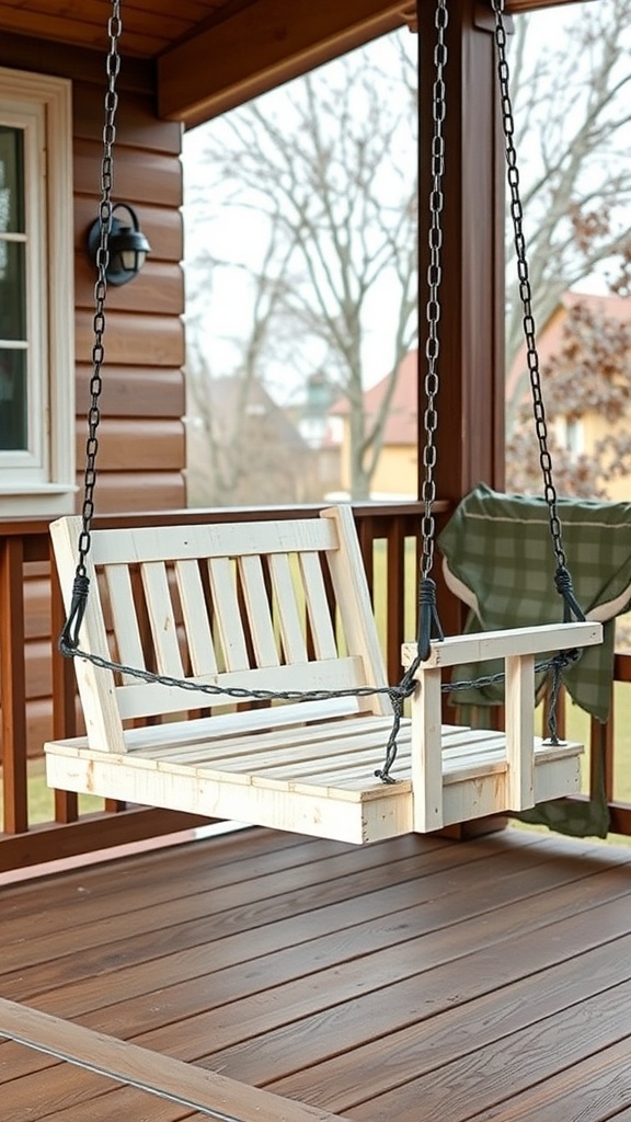 27+ Cozy Porch Swing Ideas to Enhance Your Outdoor Space A wooden porch swing hanging from a ceiling with chains.