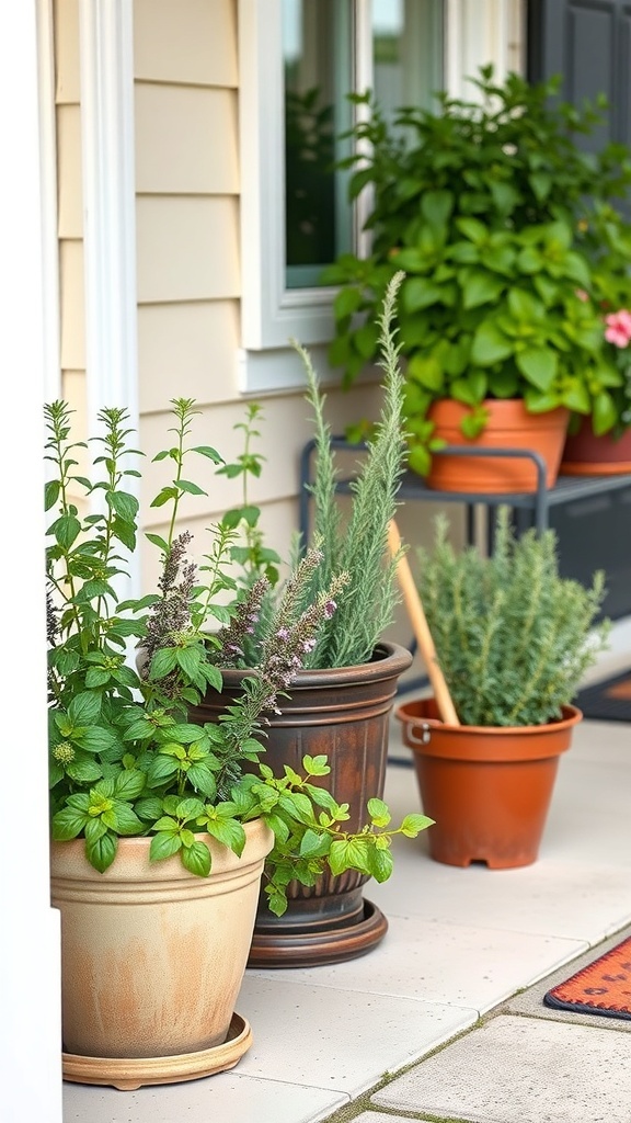 A porch with various potted herbs including mint, rosemary, and basil.