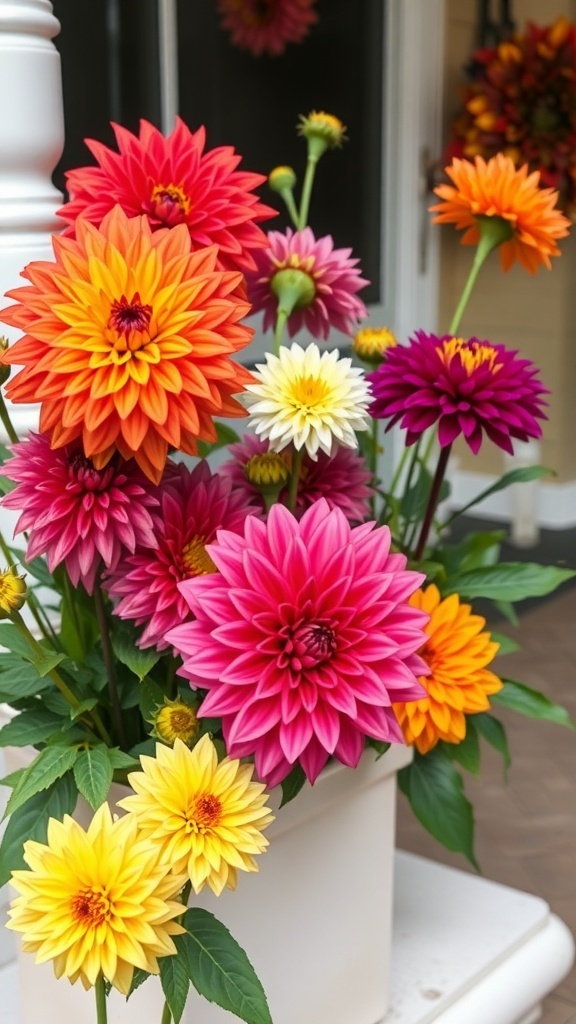A vibrant arrangement of dahlias in various colors, including pink, orange, yellow, and white, displayed in a pot.