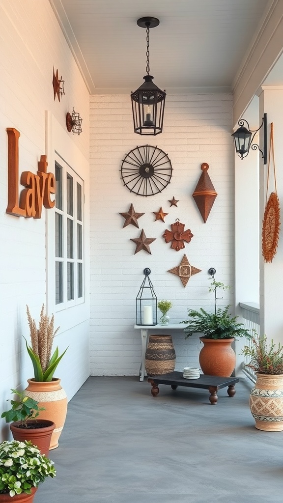 A porch with artistic wall hangings including stars, a clock, and lanterns, surrounded by potted plants.