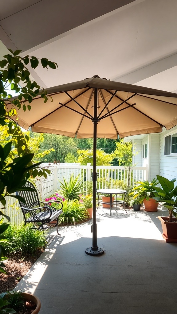 A shaded porch garden with a large umbrella, seating, and vibrant plants.