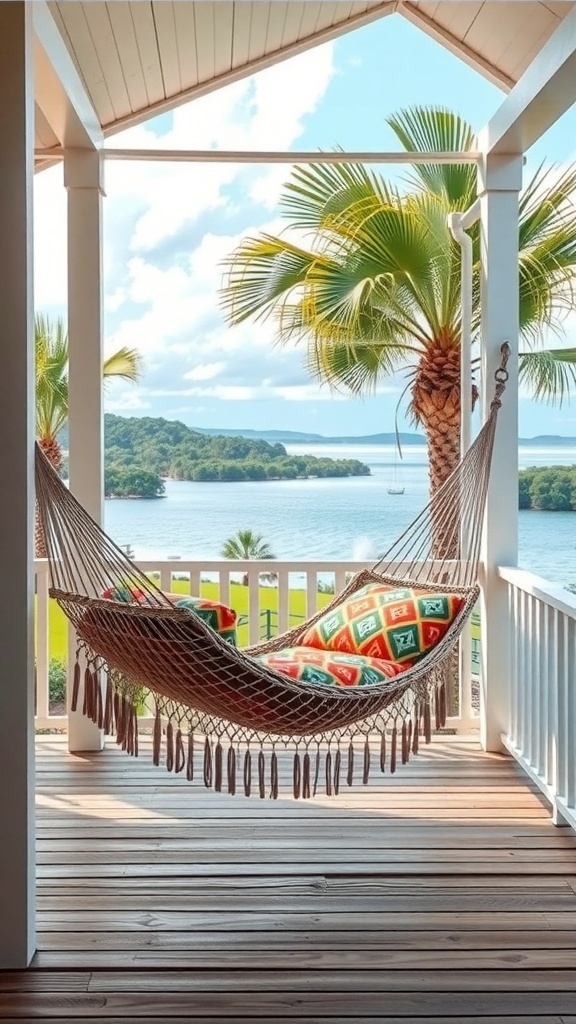 A cozy hammock on a porch overlooking a scenic view with palm trees and water.