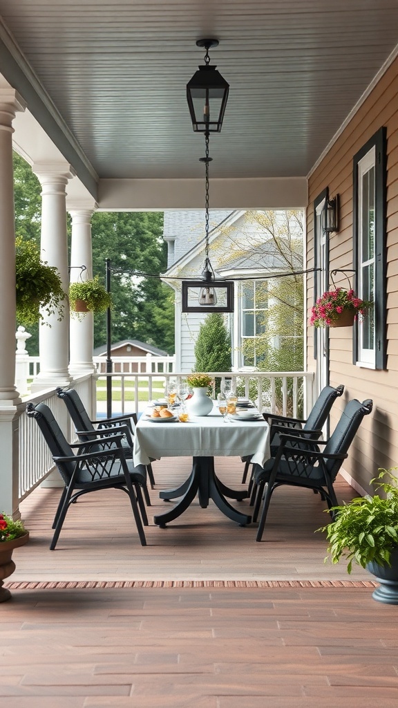 Outdoor porch with a round table and black chairs, decorated with plants and a lantern