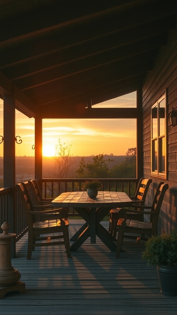A rustic porch with wooden furniture and a sunset view