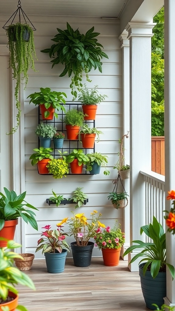 A porch garden featuring vertical gardening solutions with various potted plants arranged on wall-mounted shelves and hanging planters.