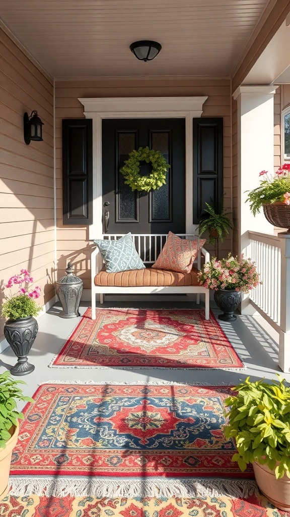 A welcoming porch with layered rugs, a bench, and potted plants.