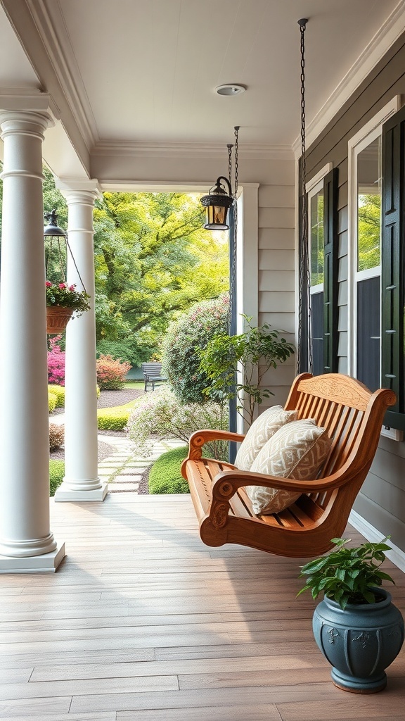 A cozy porch featuring a wooden swing with cushions, surrounded by greenery and decorative plants.
