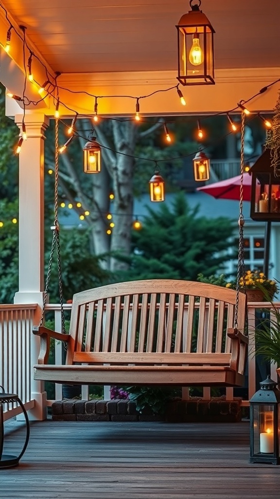 29 Charming Front Porch Swing Ideas for Relaxing Outdoors A cozy front porch swing illuminated by warm string lights and lanterns, creating a relaxing evening atmosphere.
