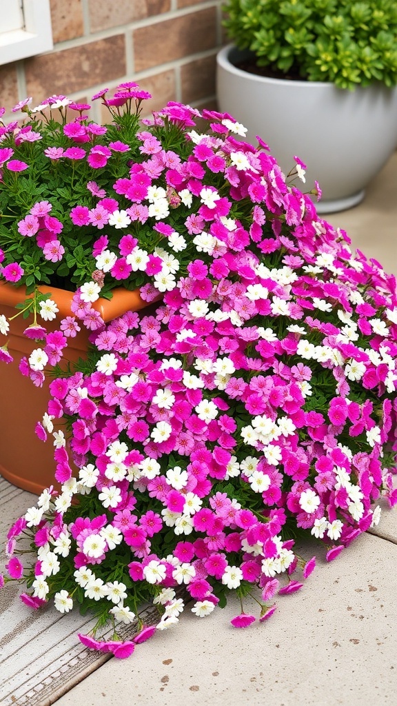 A vibrant display of pink and white Sweet Alyssum flowers spilling over a pot on a porch.