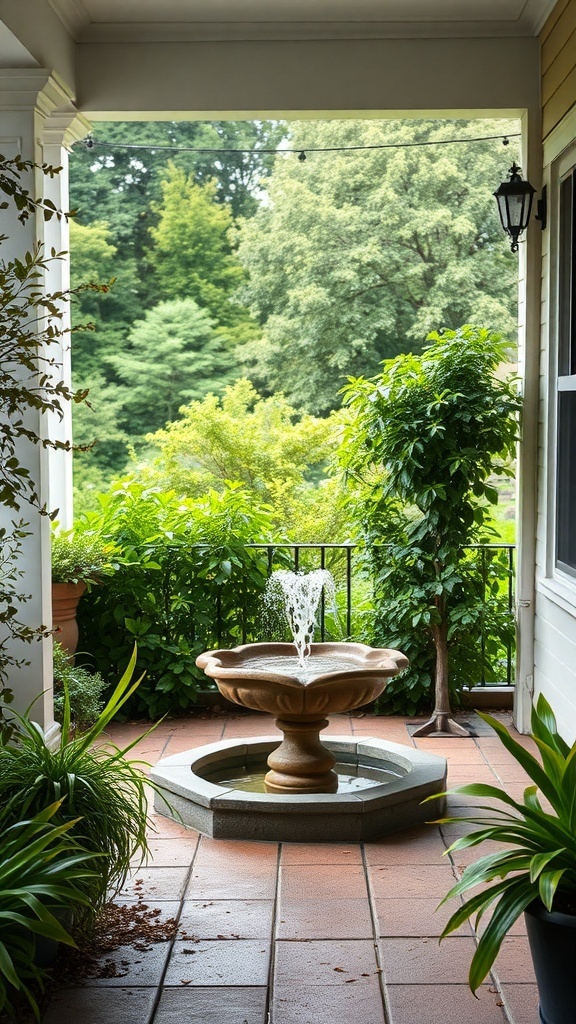 A serene porch garden featuring a fountain surrounded by lush greenery.