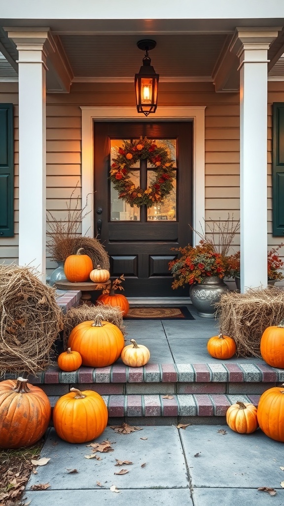 A front porch decorated with pumpkins and hay bales for autumn, featuring a wreath on the door.