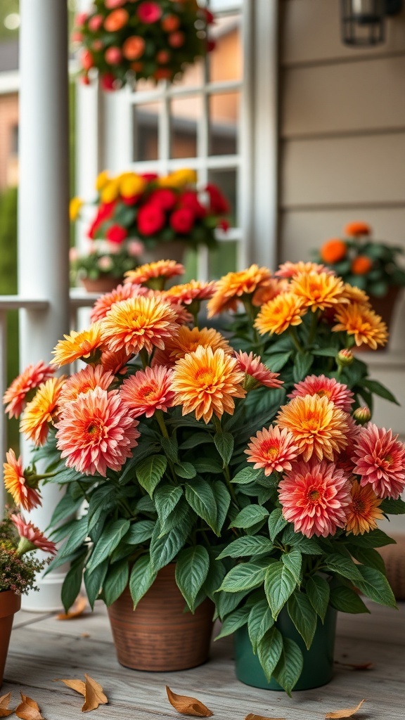 Colorful chrysanthemums in pots on a porch, showcasing autumn hues.