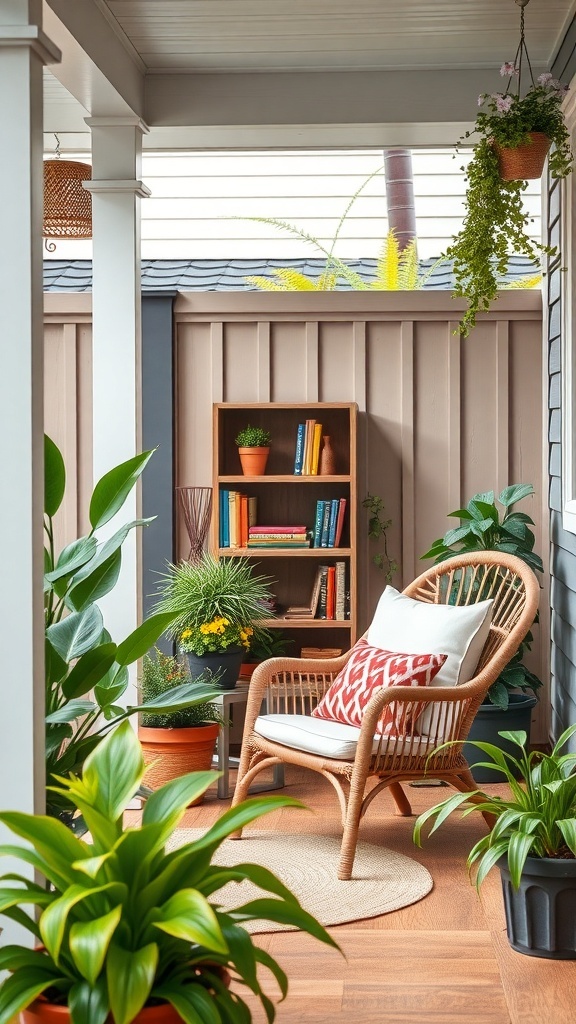 A cozy reading nook on a backyard porch featuring a rattan chair, plants, and a small bookshelf.