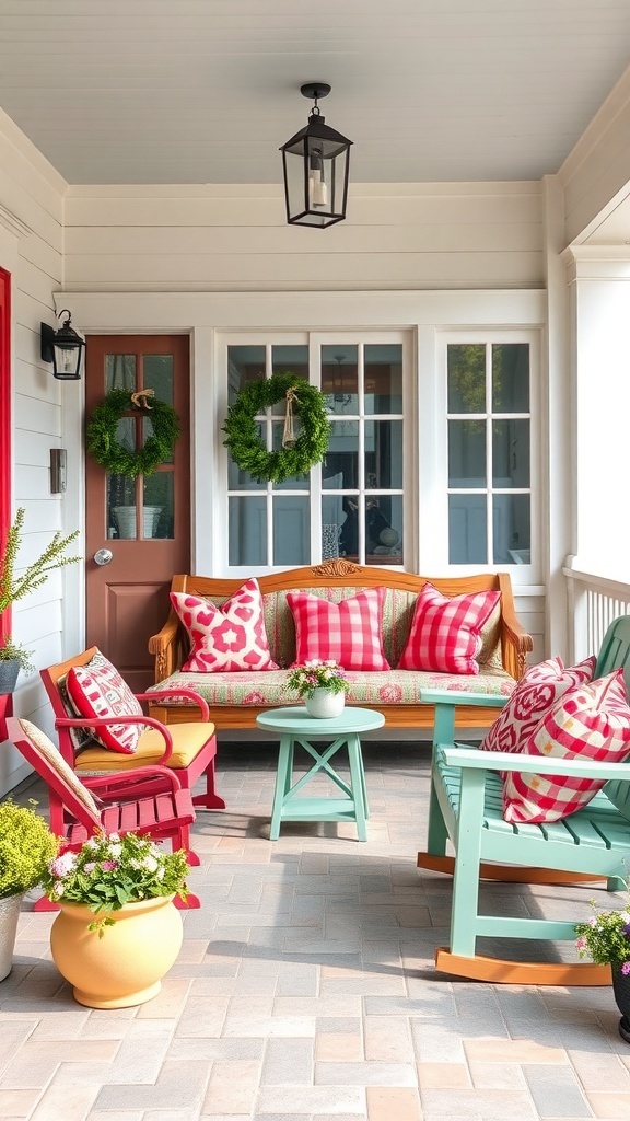 A colorful front porch with vibrant furniture, decorative pillows, and planters.