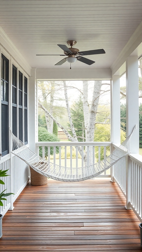 29+ Must-Have Features for Your Screened-In Porch Makeover A screened-in porch featuring a hammock, ceiling fan, and wooden flooring.