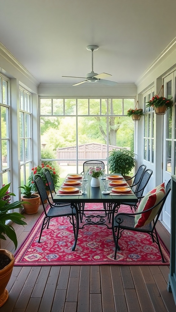 29+ Must-Have Features for Your Screened-In Porch Makeover A screened-in porch with a dining table set for a meal, surrounded by plants and natural light.