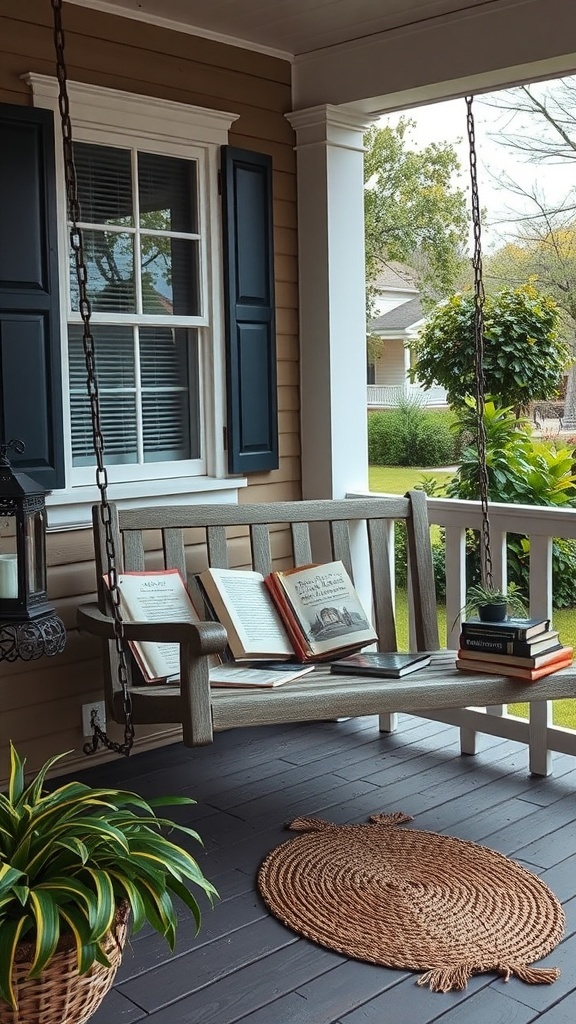 27+ Cozy Porch Swing Ideas to Enhance Your Outdoor Space A cozy porch swing with books and plants, showing creative uses for relaxation and reading.
