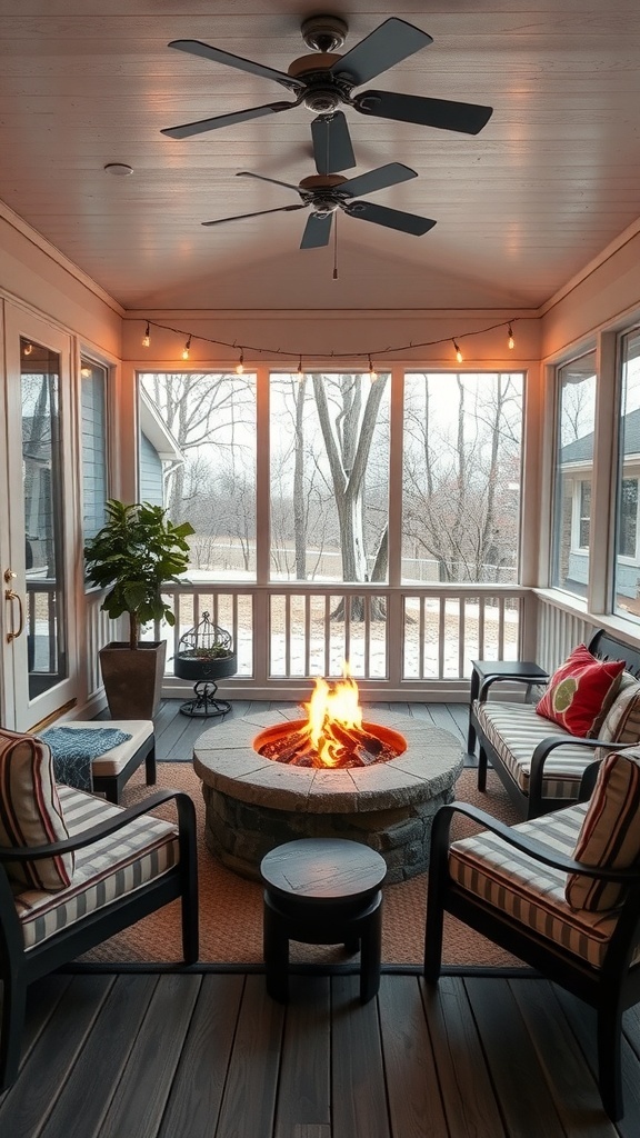 29+ Must-Have Features for Your Screened-In Porch Makeover A cozy screened-in porch featuring a stone fire pit surrounded by comfortable seating.