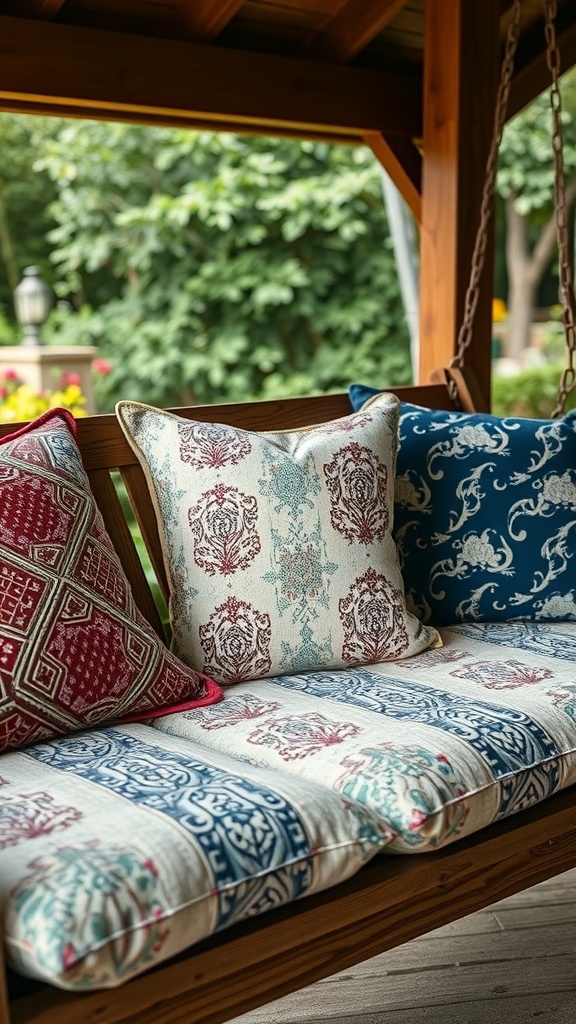 29 Charming Front Porch Swing Ideas for Relaxing Outdoors A cozy front porch swing with colorful cushions and pillows.