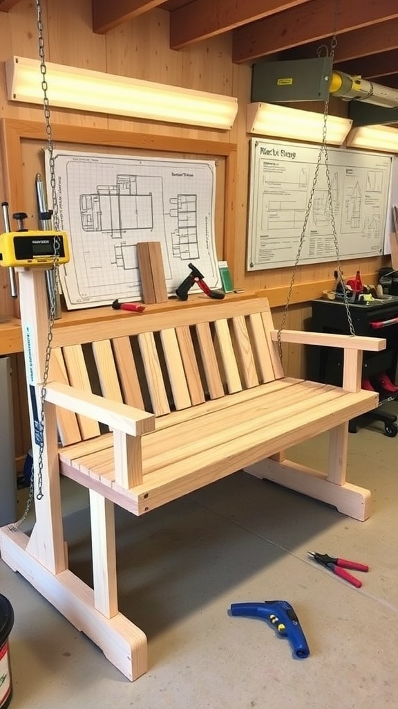 29 Charming Front Porch Swing Ideas for Relaxing Outdoors A wooden porch swing with blueprints on the wall and tools on the floor.