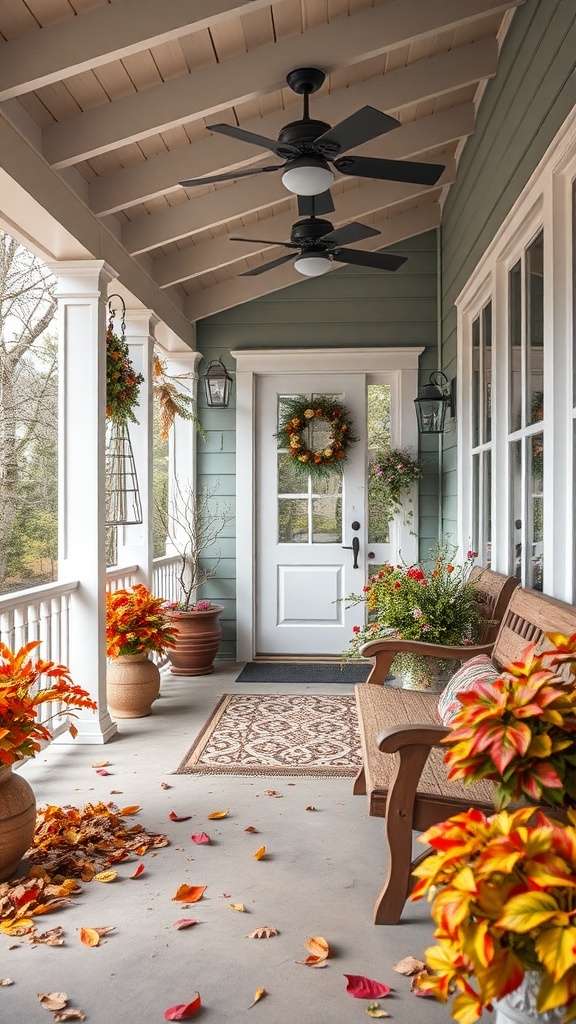29+ Must-Have Features for Your Screened-In Porch Makeover A cozy screened-in porch decorated for fall with colorful plants, a wooden bench, and a wreath on the door.