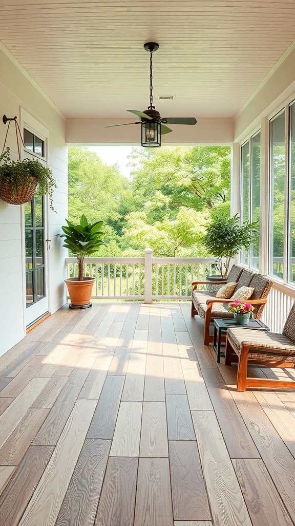29+ Must-Have Features for Your Screened-In Porch Makeover A screened-in porch with wooden flooring, comfortable seating, and plants.