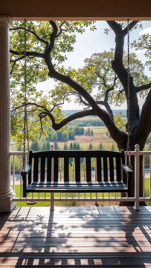 27+ Cozy Porch Swing Ideas to Enhance Your Outdoor Space A porch swing overlooking a scenic landscape with trees and fields.