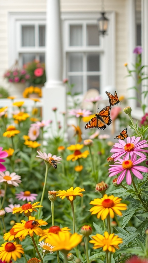 A colorful porch garden with various flowers and butterflies