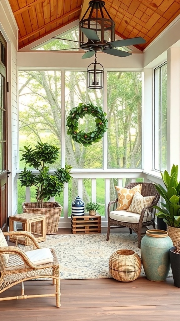 29+ Must-Have Features for Your Screened-In Porch Makeover A cozy screened-in porch with wicker furniture, decorative pillows, plants, and a ceiling fan.