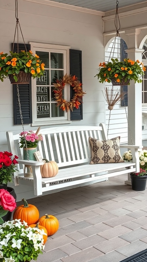 27+ Cozy Porch Swing Ideas to Enhance Your Outdoor Space A beautifully decorated porch swing with hanging flowers, pumpkins, and a cozy pillow.