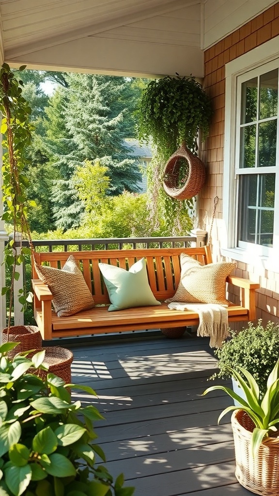 29 Charming Front Porch Swing Ideas for Relaxing Outdoors A cozy front porch swing made of wood, surrounded by plants and greenery.