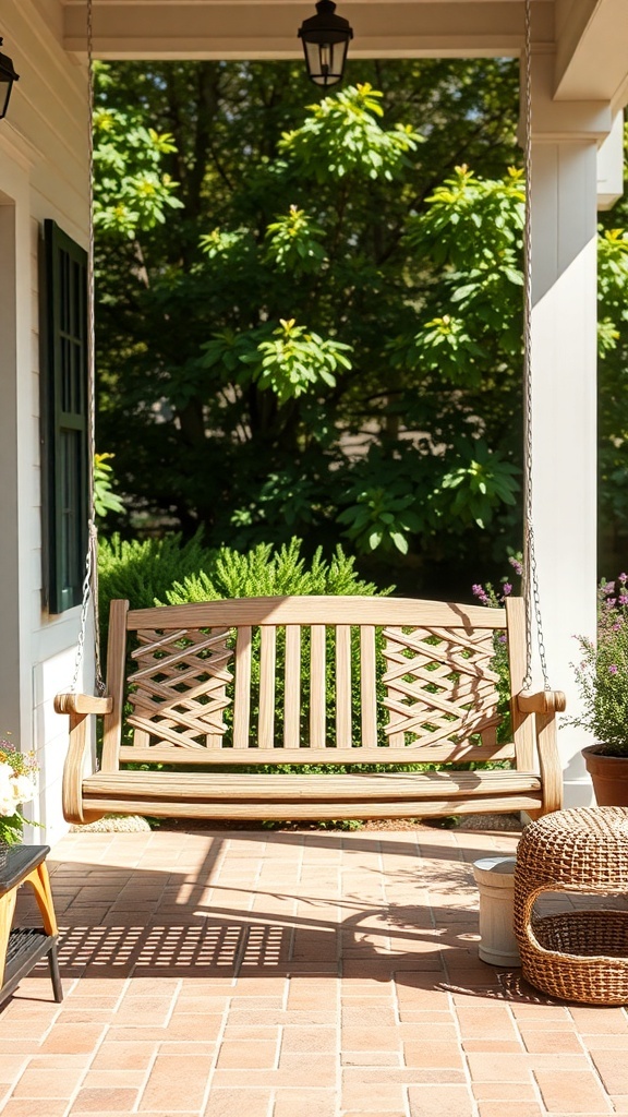 27+ Cozy Porch Swing Ideas to Enhance Your Outdoor Space A wooden porch swing hanging under a covered area surrounded by greenery.