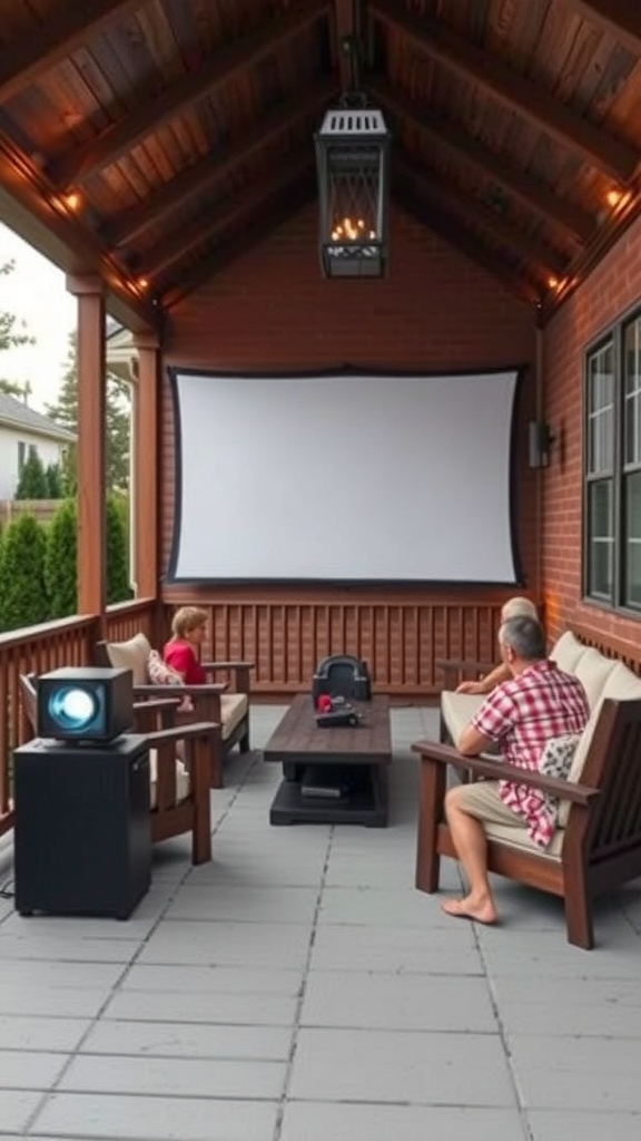 Cozy outdoor movie setup on a porch with a projector, screen, and comfortable seating.