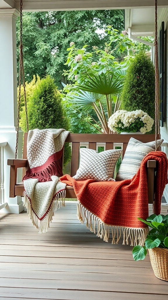 27+ Cozy Porch Swing Ideas to Enhance Your Outdoor Space A cozy porch swing with cushions and blankets surrounded by greenery.