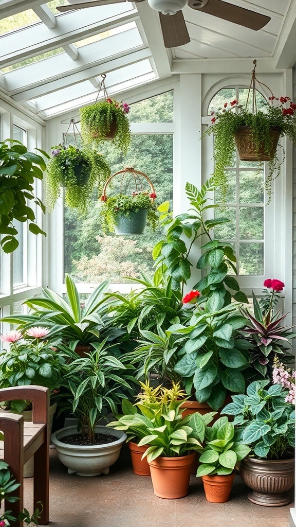 29+ Must-Have Features for Your Screened-In Porch Makeover A vibrant collection of plants in a screened-in porch, featuring hanging pots and various potted plants.