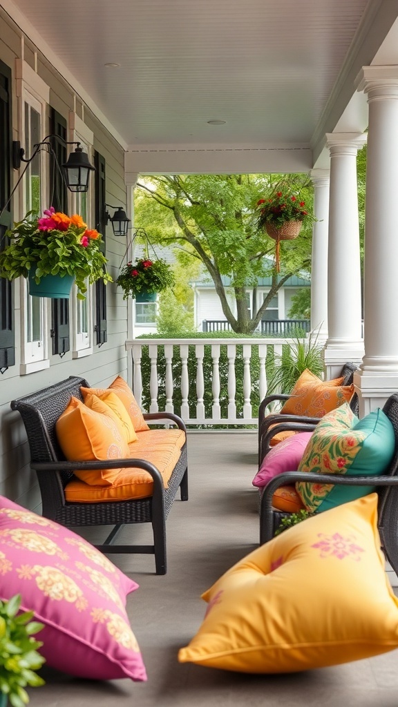 A cozy porch with colorful throw pillows in orange, pink, and teal, surrounded by greenery.