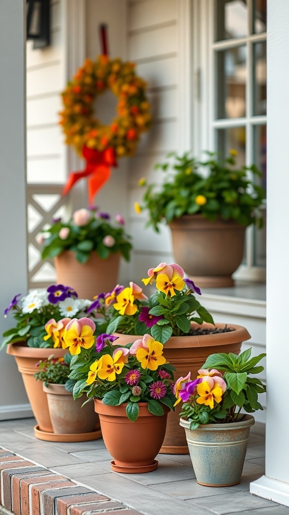 Colorful pots of pansies on a porch with a wreath in the background.