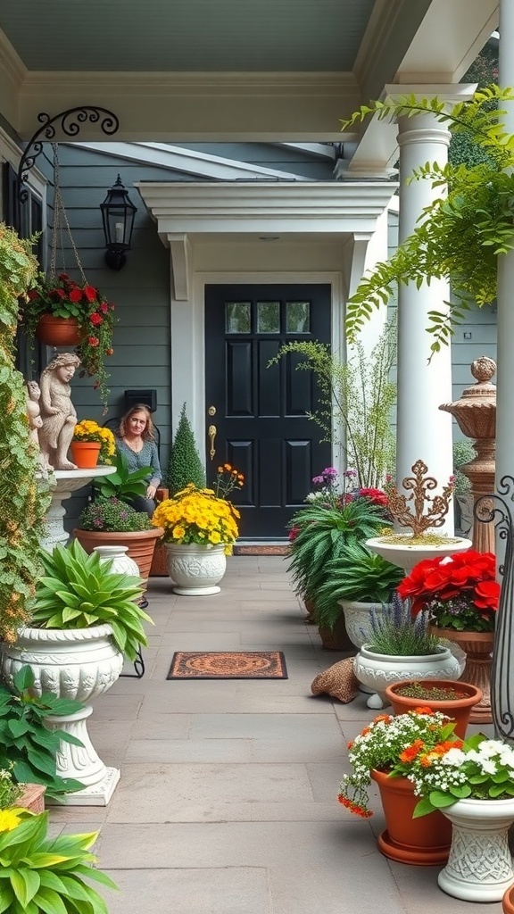 A beautiful porch garden with various potted plants and decorative accents