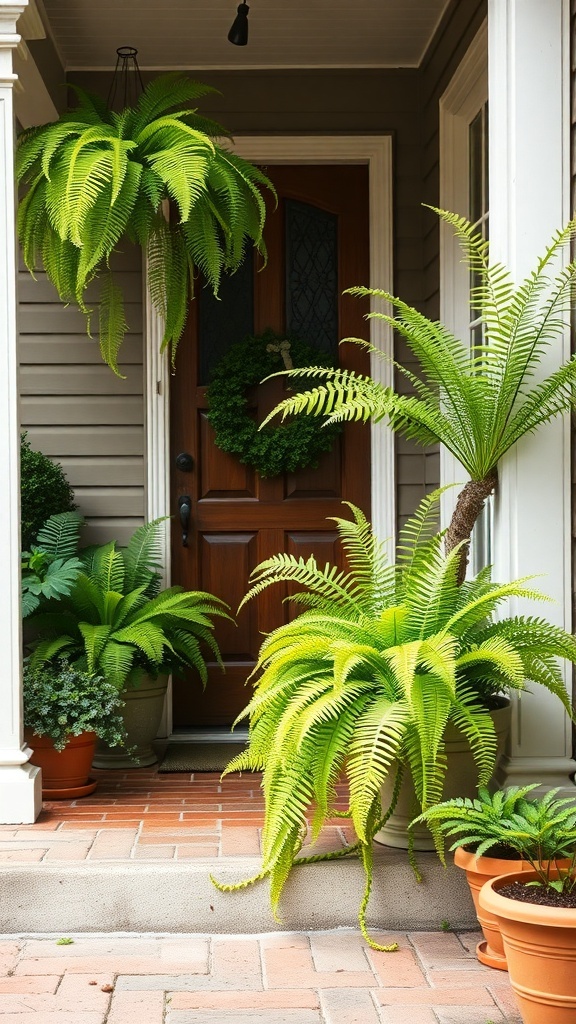 A porch adorned with lush ferns in pots and hanging baskets, creating a tropical vibe.