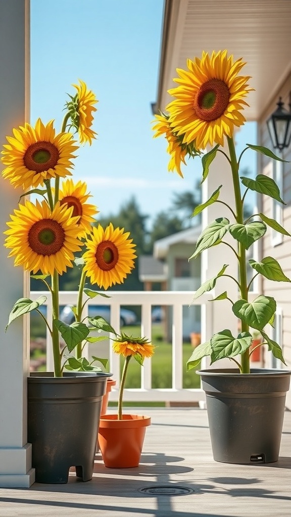 Bright sunflowers in pots on a porch, adding color and cheer to the outdoor space.