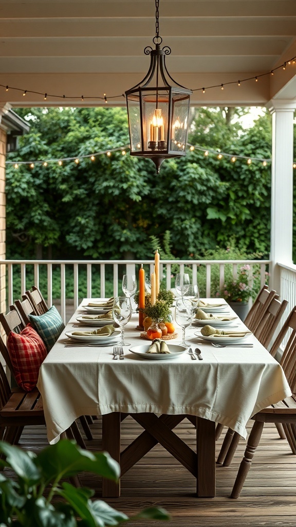 A beautifully set outdoor dining table with candles and greenery, illuminated by a lantern.