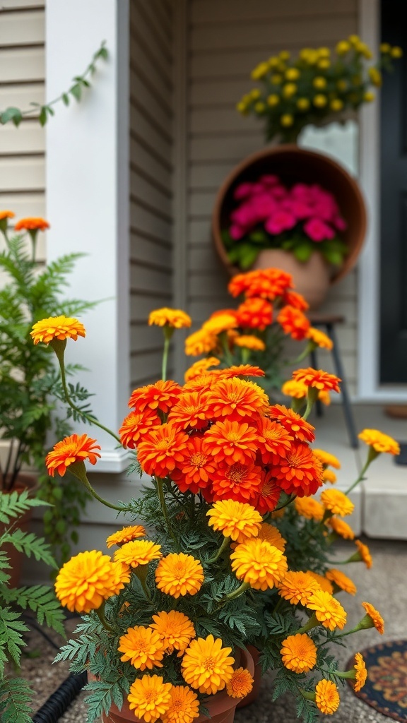 Bright orange and yellow marigolds in pots on a porch